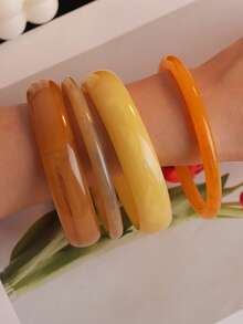 4 件套优雅复古手链套装，时尚简约设计，适合休闲装，女士时尚首饰，亚克力，无电镀，无镶嵌，适合全年日常和派对场合 - 橘黃 - 查看 2