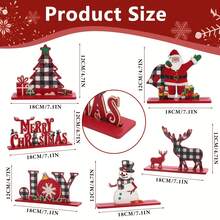 6pcs Christmas Snowman, Reindeer, Santa Claus, Red & Black Plaid Decorative Wooden Signs, Christmas Table Decor, Home Party Decoration - Red - View 2
