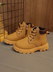 1 Pair Toddler/Kids Soft Suede PU Boots, Front Lace-Up, Side Zipper, Round Toe, Soft Sole, Retro British Style, Warm & Cute, Suitable For Boys & Girls, Everyday & School Wear, Autumn/Winter