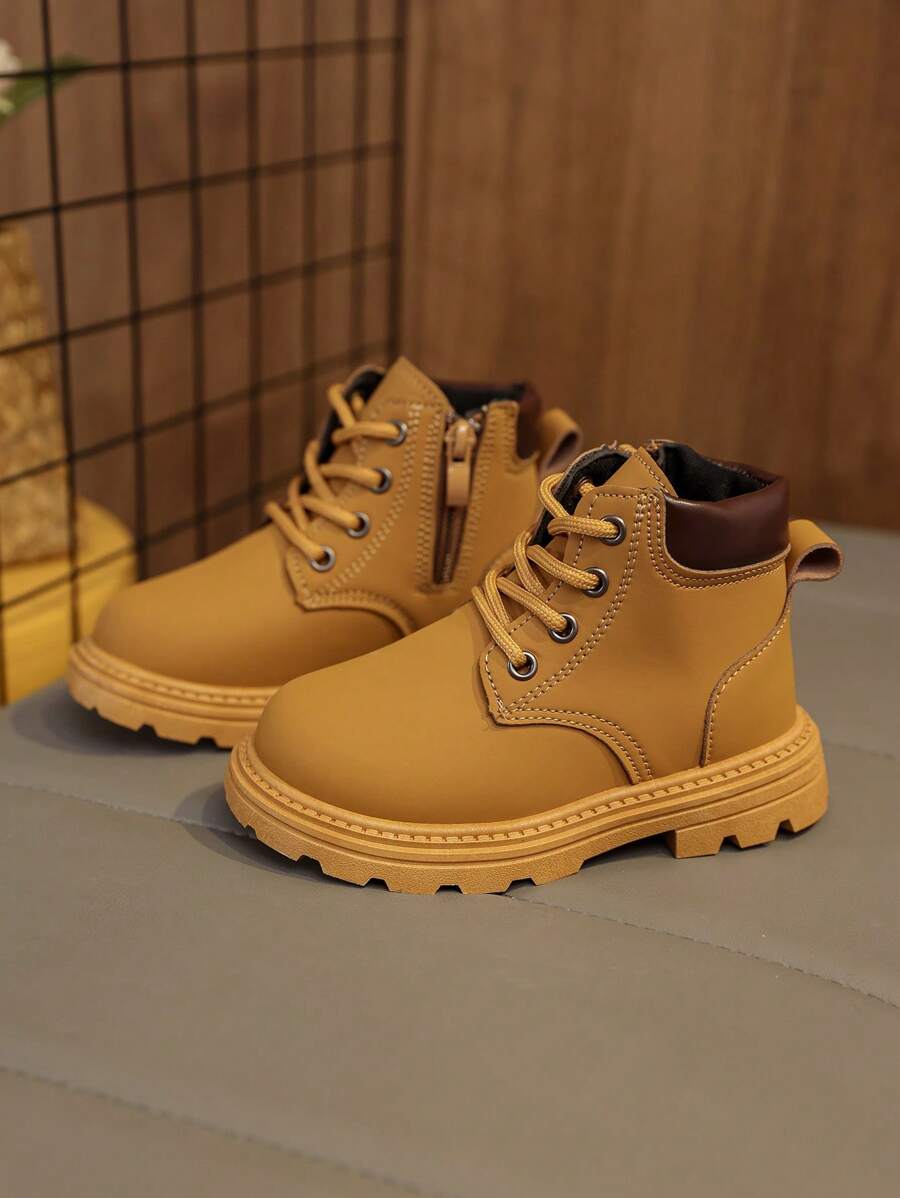 1 Pair Toddler/Kids Soft Suede PU Boots, Front Lace-Up, Side Zipper, Round Toe, Soft Sole, Retro British Style, Warm & Cute, Suitable For Boys & Girls, Everyday & School Wear, Autumn/Winter