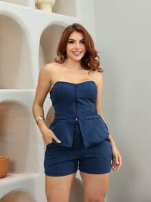 Árbora Elegance - Women's Strapless Top And Short Set, Premium Tailored Fabric With Zipper, Summer 2025. - 藏蓝色 - 查看 6