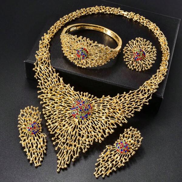 4 piezas Elegante conjunto de joyas de cobre para mujeres, diseño vintage con borlas y circonita cúbica sintética, incluye collar, pulsera, aretes y anillo con tema floral, ideal para bodas, banquetes, Ramadán, San Valentín y todas las estaciones