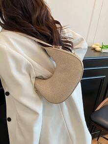 1pc Zipper Closure PU Solid Color Crescent Underarm Bag, Fashion Retro Office Shoulder Bag, Versatile Baguette Bag, Shiny Women Party Evening Bag, Suitable For Daily Use And Attending Banquets - Gold - View 6