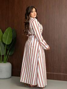 Striped Tricoline Chamise Dress | Women's Cotton Dress | Long Casual Button Dress | Chamise With Belt And Pockets - 鏽棕色 - 查看 2