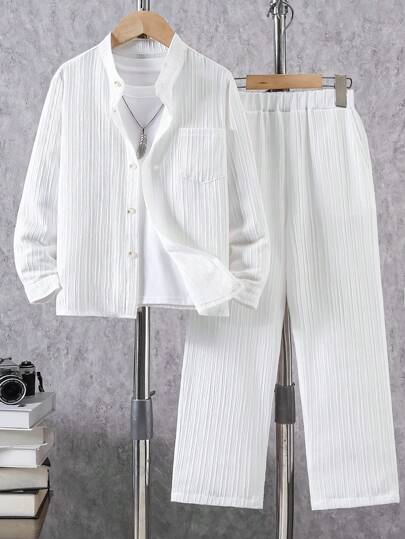 Cămașă cu mânecă lungă șifonată pentru băieți, cu buzunare și pantaloni casual, primăvară/toamnă