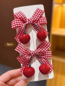 2 piezas Pasadores de cabello con lazo de cereza roja, estilo dulce para uso diario - Rojo - Ver 5