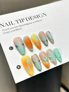 10 Pieces Of Handmade Nail Stickers, With An Orange-Yellow Gradient French Style Design, A Green Contrast Color Design, And Metal Lines. These Reusable Nail Products Are Suitable For Women To Wear. They Come With Jelly Glue And A Friction Rod, As Well As A Crystal Rod. - 彩色 - 查看 3