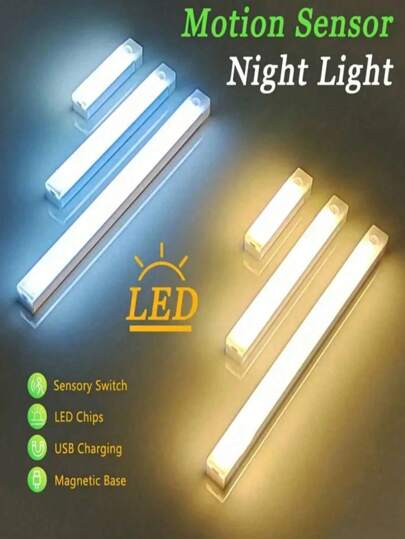 1pc USB Rechargeable Motion Sensor Night Light, Warm White Cabinet Light Wireless LED Strip, Long Sensing LED Light, Bedroom Reading Lamp Rechargeable Magnetic Stick-On Night Light, Suitable For Kitchen, Bedroom, Cabinet, Wardrobe, Stairs, Corridor And Other Lighting Scenarios