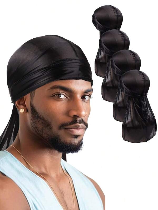 4pcs Men's Faux Silk Long Tail Pirate Hat, Satin Durag Headwrap Bandana, Suitable For Daily & Sports Use Pirate Hat Pirate Costume