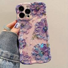 1pc Phone Case - Phone Case - New Stylish Y2K Iridescent Blue Flower Irregular Wavy Edge Dopamine Shockproof Phone Case For  17, 16, 15, 14, 13, 12, 11, And Popular Among Influencers And As A Gift For Special Occasions Charm-Free Valentine's Day Phone Cases  Case  17 Pro Max Case  16 Case - 紫色 - 查看 3