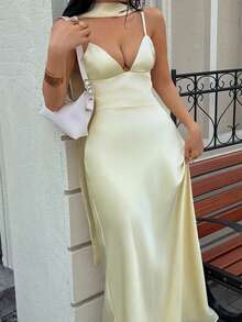 DEEKA 夏季新款时尚优雅性感薄围巾装饰缎面内衣风格连衣裙派对 - 黃色 - 查看 2