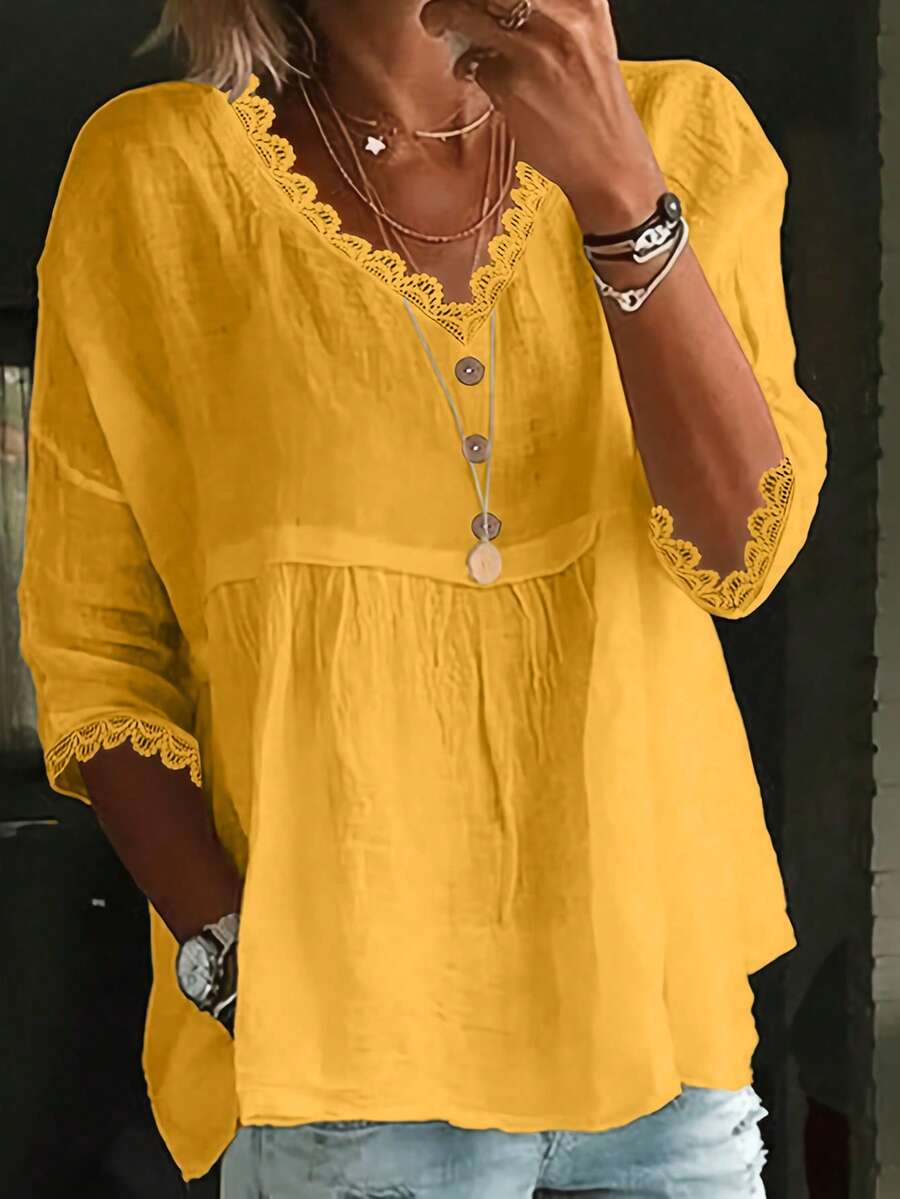 女式休闲 V 领蕾丝花边衬衫 - 涤纶梭织纯色成人蕾丝花边衬衫，常规版型，春夏系列 - 黃色 - 查看 1