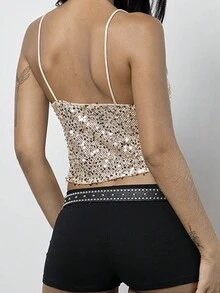 Women's Summer Sequined Camisoles Spaghetti Strap Stylish Sparkly V Neck Crop Tank Tops - Gold - View 2