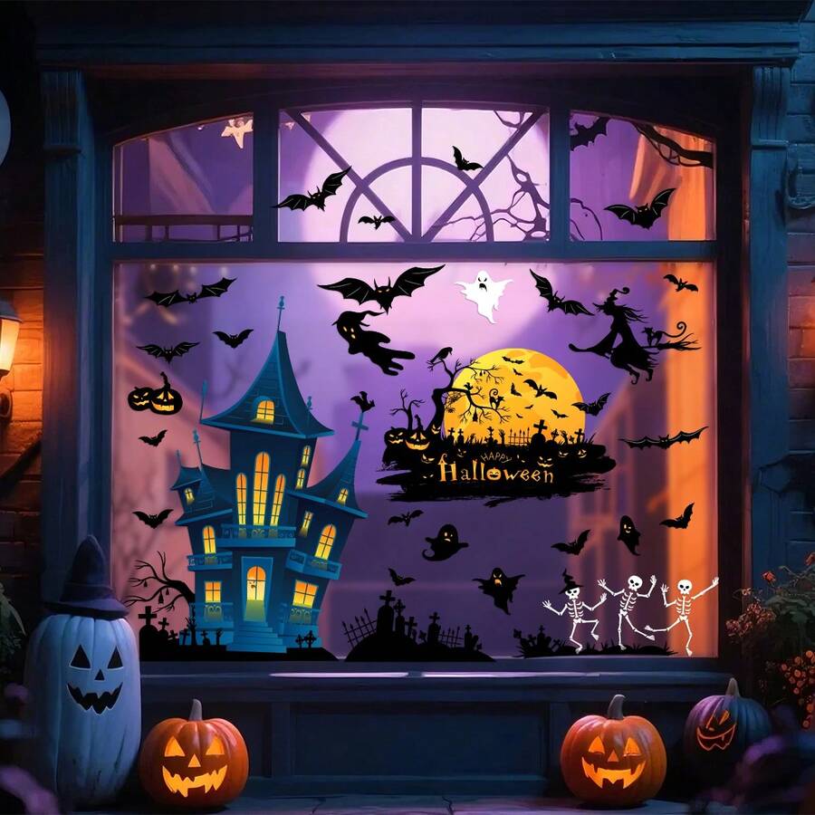 4 Sheets Blue Halloween Window Clings - Castle, Bats, Pumpkins & Ghosts Static Cling Stickers, Removable Glass Decor For Spooky Party, Home & Office Decorations, Halloween Decorations, Haunted House Stickers, Easyapply Stickers, Holiday