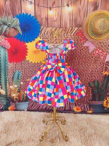 Children's Dress June Party Caipira Saint John Plaid Bow Square Dance School Fair Arraiá Northeast Costume Popcorn Queen Little Girl Girl Festivity Ruffle Youth Typical June Party - 彩色 - 查看 2