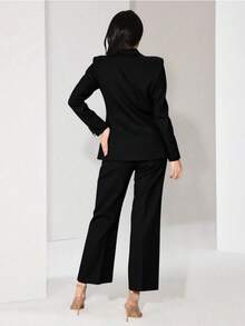 Zalla Blazer And Palazzo Pants Set With Lining And Decorative Button - Black - View 3