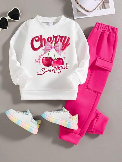 Toddler Cherry Print Warm Crew Neck Sweatshirt And Pants Set