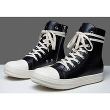 Woman's Thin Shoelaces, Round Toe Shoes, High-Top Casual Shoes, Minority Retro Thick-Soled Skateboard Shoes. - 黑色 - 查看 6
