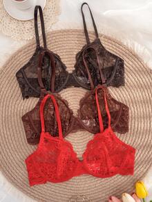 3件装女士纯色蕾丝薄杯钢圈舒适文胸 - 彩色 - 查看 4