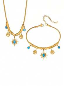 2pcs Set Life Tree & Sun Turquoise Pendant Necklace & Bracelet Jewelry Set, Fashion & Versatile