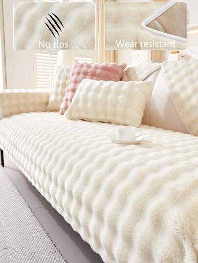 1pc Thick Plush Sofa Cushion Cover, Modern Simple Anti-Slip Warm Sofa Seat Pad, Dust-Proof Washable Sofa Slipcover, Soft Beige Color, Pet-Friendly, Fits L-Shaped Sofa And 1/2/3/4 Seater Sofa, Suitable For Bedroom, Office, Living Room