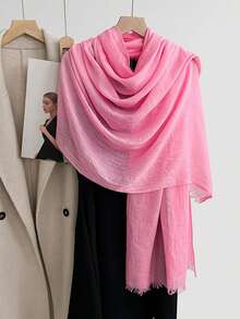 1 件女士时尚简约条纹渐变褶皱流苏涤纶围巾，休闲百搭头巾防风防晒披肩 - 彩色 - 查看 15