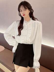 Women Solid Ruffled Lace Patchwork Button Front Long Sleeve Blouse, Casual, Spring/Autumn White - White - View 3