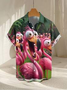 Summer Men's 3D Big Eyes Flamingo Printed Shirt - Multicolor - View 1