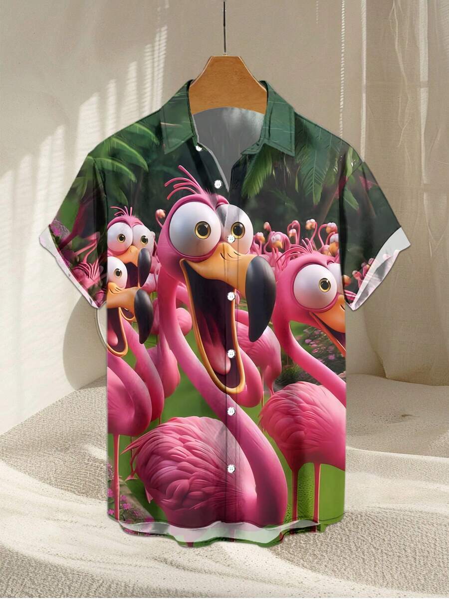 Summer Men's 3D Big Eyes Flamingo Printed Shirt - Multicolor - View 1