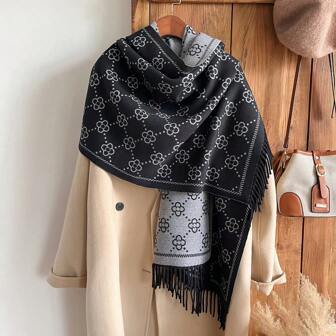 1条复古三叶草提花波西米亚风仿羊绒围巾，女士保暖流苏披肩，适合秋冬季节、度假、旅行、日常穿着。