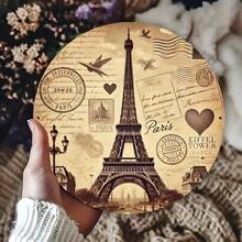 1-Pack Vintage Paris Eiffel Tower Round Metal Tin Sign, French Themed Wall Decor For Cafe, Bar, Restaurant, Living Room, Garage Wall Art Display Plaque - 彩色 - 查看 4