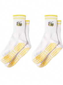 2 双黄色刺绣蜜蜂女士普拉提抓地瑜伽袜，适合轻度运动、居家、返校日常穿着、女士中筒袜、秋季袜子