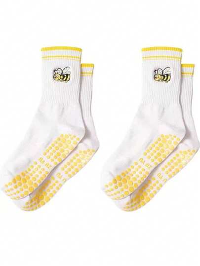2 双黄色刺绣蜜蜂女士普拉提抓地瑜伽袜，适合轻度运动、居家、返校日常穿着、女士中筒袜、秋季袜子