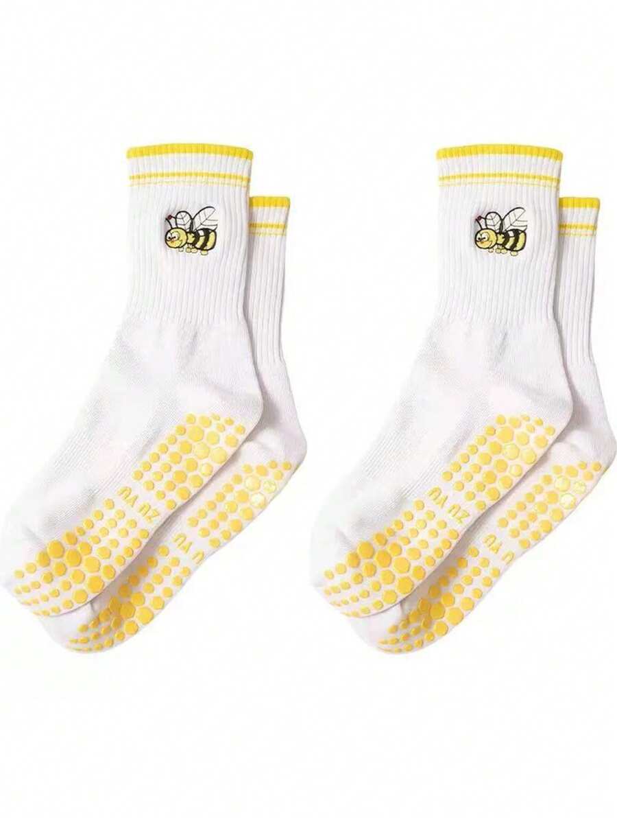 2 双黄色刺绣蜜蜂女士普拉提抓地瑜伽袜，适合轻度运动、居家、返校日常穿着、女士中筒袜、秋季袜子