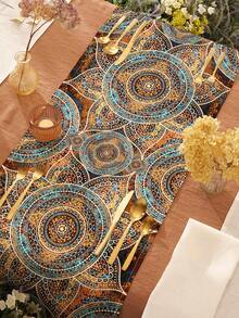 1pc Vintage Mandala Geometric Print Linen Table Runner, Suitable For Holidays, Parties, Birthdays, Dinners, Kitchen & Dining Room Decor, Dresser/Cabinet Cover, All Season Home Decor - Multicolor - View 5