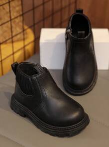 1 Pair Black Soft & Comfortable Elastic Fabric + PU Toddler/Kids Boots, Warm Lining, Round Toe, Soft Sole, Simple British Style, Suitable For Boys & Girls, Indoor/Outdoor, School, Autumn/Winter