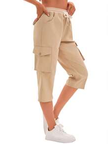 2025 年夏季女士时尚实用七分裤，带松紧腰带和口袋，休闲街头服饰