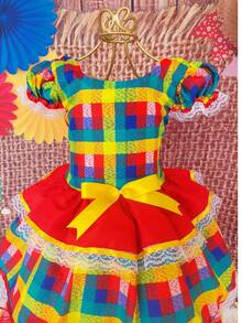 Children's Dress June Party Caipira Saint John Plaid Bow Square Dance School Fair Arraiá Northeast Costume Popcorn Queen Little Girl Girl Festivity Ruffle Youth Typical June Party - 紅色 - 查看 3