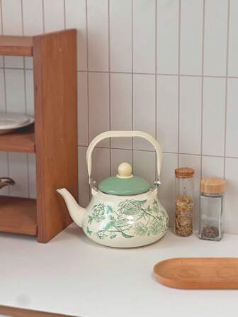 1 stuk elegante vintage groene geëmailleerde thee-/koffiepot met fruit- en bloemenmotief, dikke kookketel, geschikt voor fornuis en inductieverwarming, thuisgebruik en bijeenkomsten