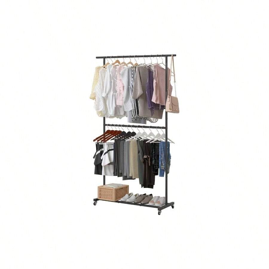 Double Rod Clothing Garment Rack, Rolling Coat Hanger With Bottom Mesh, Clothing Rack For Hanging Clothes, Coats, Skirts, Sweaters, White - No mesh + Black - View 1