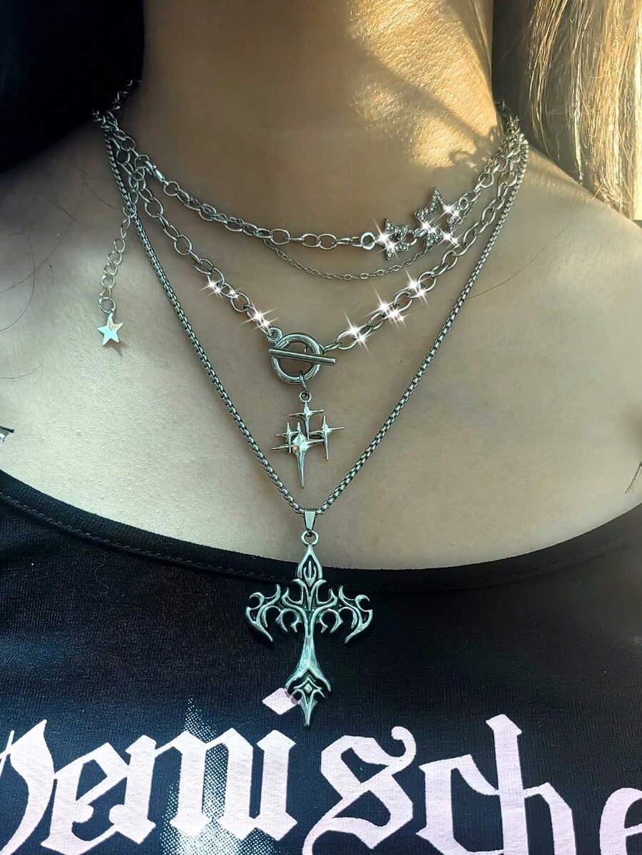 3 件复古哥特式美学不锈钢星星、流星、十字架吊坠项链、多层颈链、项链套装 - 銀色 - 查看 1