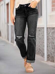 Womens High Waist Denim Jeans Shaping Legs Distressed Boot Cut Ripped Cropped Cargo Skinny Stretch Pants