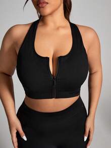 TNTOR Women Plus Size Solid Color Zipper Front Sporty Casual Bra - Black - View 9