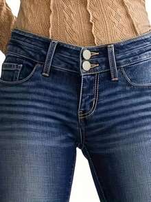 Plus Size Women's Retro High Elastic Double Button Denim Flared Pants, Spring, Summer, Autumn And Winter Clothing | Daily Casual Wear | Machine Washable Woven Denim Fabric | Comfortable Denim - 藏蓝色 - 查看 3
