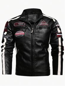 Men's PU Leather Jacket, Contrast Color Design With Thermal Lining, Motorcycle Racing Style Outerwear, Fashionable For Autumn/Winter - Black - View 13