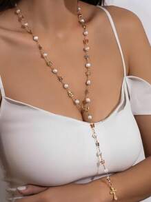 3 件套全新波西米亚/金色圆形珍珠、豹纹、心形、十字架、Y 形长项链套装，适合派对、庆典、度假，珍珠排列随意