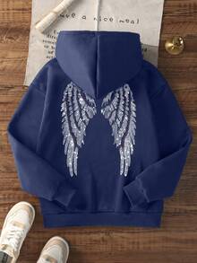 Women's Casual Graphic Print Pullover Thermal Lined Hoodie, Loose Fit Long Sleeve Winter Sweatshirt