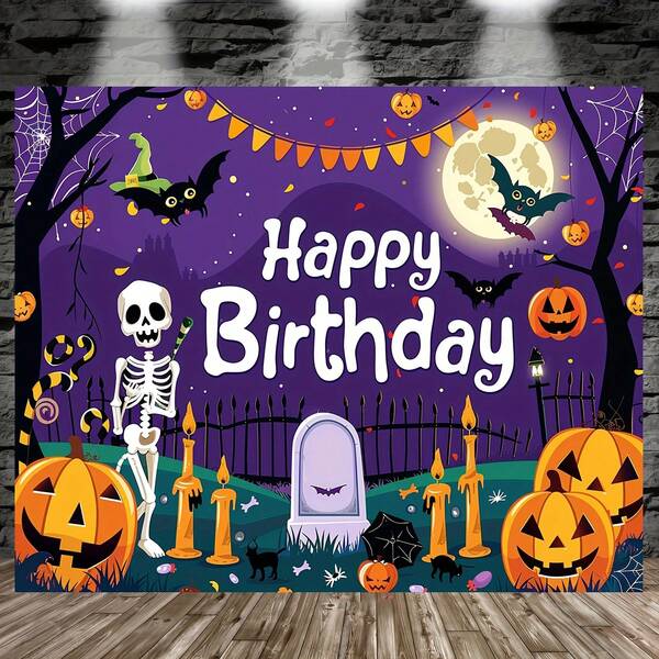 Fondo de poliéster de Feliz Cumpleaños Halloween - Perfecto para decoración interior y exterior - Adecuado para habitaciones, jardines y multiusos - Celebra la temporada aterradora con este accesorio para fiestas festivas