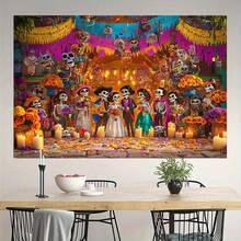 1PC 2D Flat Death God Wedding Background, Polyester Skeleton Couple Design, Equipped With Colorful Sunflowers, Halloween Theme Party Decoration, Suitable For Various Occasions, Mexican Wedding Decoration