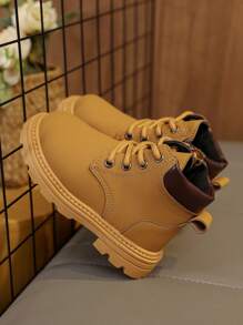 1 Pair Toddler/Kids Soft Suede PU Boots, Front Lace-Up, Side Zipper, Round Toe, Soft Sole, Retro British Style, Warm & Cute, Suitable For Boys & Girls, Everyday & School Wear, Autumn/Winter